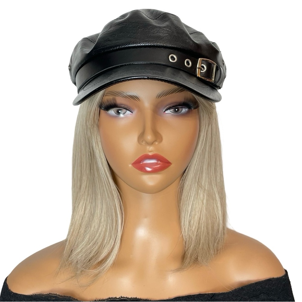 Classy Women's Black Leather Biker/Baker Boy Cap